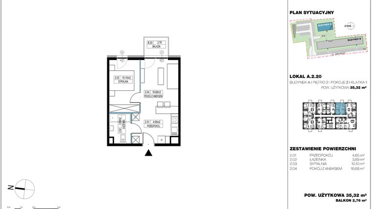 Rzut - Mieszkanie na sprzedaż 2 pokoje o powierzchni 35,28 m² - numer A.2.20 w Jabłonova