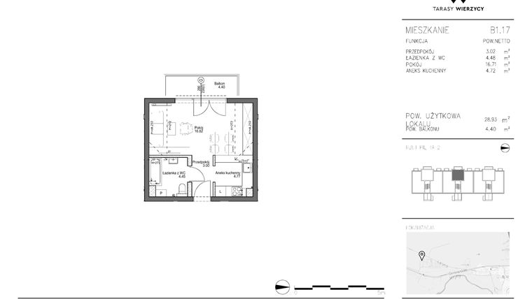 Rzut - Mieszkanie na sprzedaż 1 pokój o powierzchni 28,93 m² - numer B1.17 w Tarasy Wierzycy