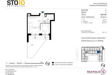 Rzut - Mieszkanie na sprzedaż 1 pokój o powierzchni 29,36 m² - numer C2/1/01 w Chylońska STO10 etap III