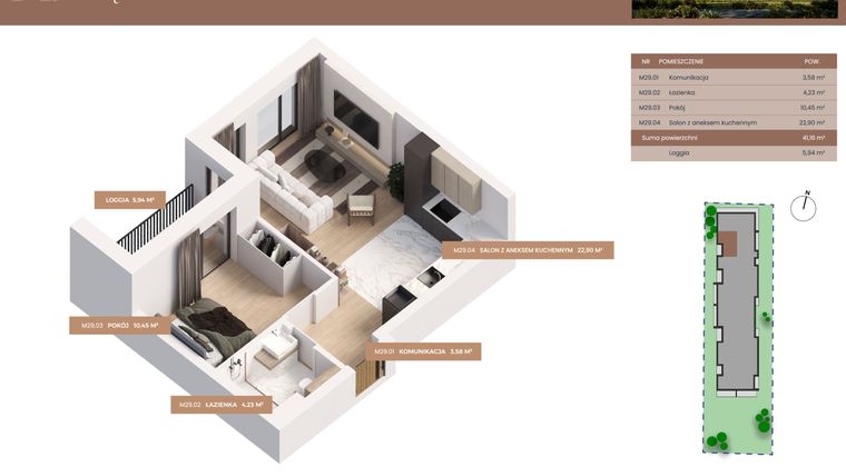 Rzut - Mieszkanie na sprzedaż 2 pokoje o powierzchni 41,16 m² - numer 29 w Apartamenty Częstochowska