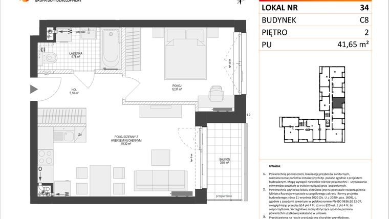 Rzut - Mieszkanie na sprzedaż 2 pokoje o powierzchni 41,65 m² - numer C8.34 w Konstelacja etap IV