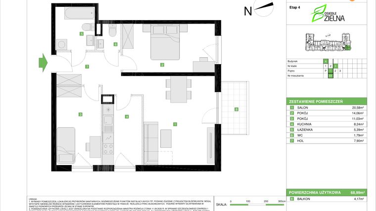Rzut - Mieszkanie na sprzedaż 3 pokoje o powierzchni 68,99 m² - numer A.69 w Osiedle Zielna IV
