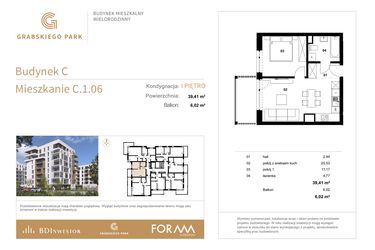 Rzut - Mieszkanie na sprzedaż 2 pokoje o powierzchni 39,41 m² - numer C.1.06 w Grabskiego Park