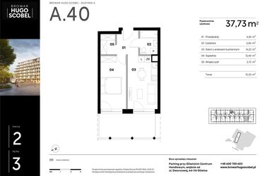 Rzut - Mieszkanie na sprzedaż 2 pokoje o powierzchni 37,73 m² - numer A.40 w Browar HUGO SCOBEL