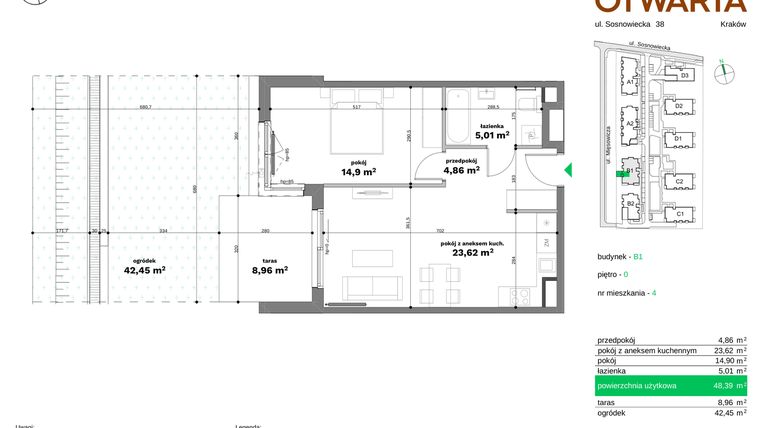 Rzut - Mieszkanie na sprzedaż 2 pokoje o powierzchni 48,39 m² - numer B1-4 w Forma Otwarta etap II