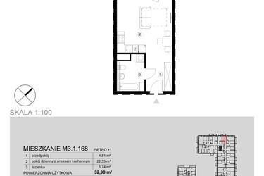Rzut - Mieszkanie na sprzedaż 1 pokój o powierzchni 32,9 m² - numer M3.1.168 w Modern Helenów
