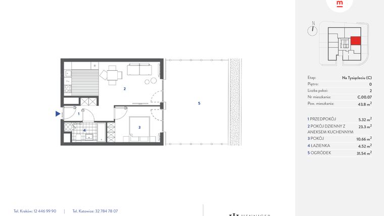 Rzut - Mieszkanie na sprzedaż 2 pokoje o powierzchni 43,8 m² - numer C.00.07 w Mieszkaj w mieście - Na Tysiącleciu budynek C