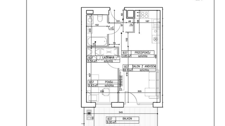 Rzut - Mieszkanie na sprzedaż 2 pokoje o powierzchni 35,33 m² - numer B37 w Symfonia - Chodkiewicza 9