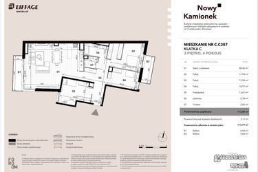 Rzut - Mieszkanie na sprzedaż 4 pokoje o powierzchni 113,68 m² - numer C.C307 w Nowy Kamionek