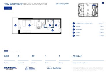 Rzut - Mieszkanie na sprzedaż 1 pokój o powierzchni 32,63 m² - numer 39A w Przy Bursztynowej