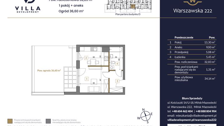 Rzut - Mieszkanie na sprzedaż 1 pokój o powierzchni 32,83 m² - numer 1 w Warszawska 222 bud. D