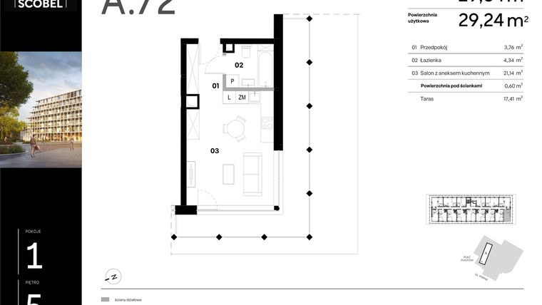 Rzut - Mieszkanie na sprzedaż 1 pokój o powierzchni 29,84 m² - numer A.72 w Browar HUGO SCOBEL