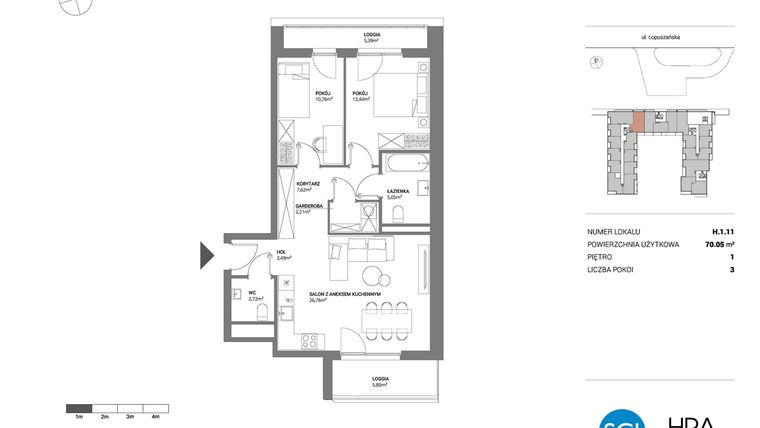 Rzut - Mieszkanie na sprzedaż 3 pokoje o powierzchni 70,05 m² - numer H.1.11 w Łopuszańska 47 - etap 3