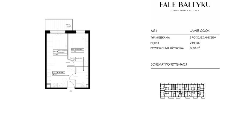 Rzut - Mieszkanie na sprzedaż 2 pokoje o powierzchni 37,9 m² - numer FBJC-M31 w Fale Bałtyku Cook