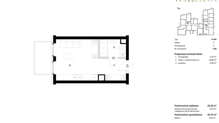 Rzut - Mieszkanie na sprzedaż 1 pokój o powierzchni 25,74 m² - numer 2.08 w Stara Farbiarnia
