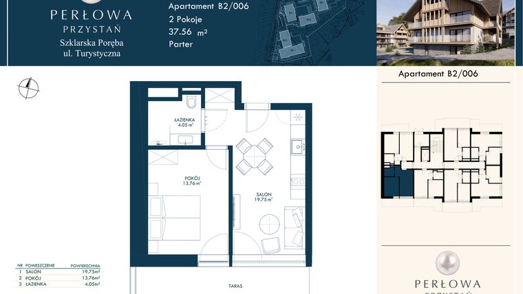 Rzut - Mieszkanie na sprzedaż 2 pokoje o powierzchni 37,56 m² - numer B2/006 w Perłowa Przystań - Szklarska Poręba