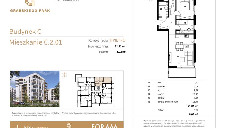 Rzut - Mieszkanie na sprzedaż 3 pokoje o powierzchni 61,31 m² - numer C.2.01 w Grabskiego Park