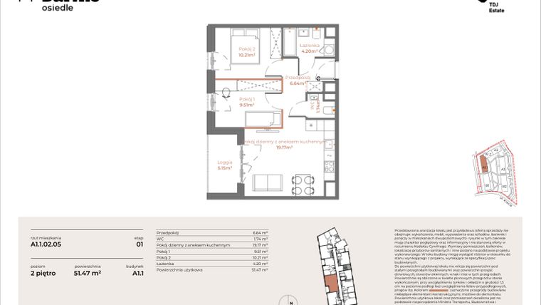 Rzut - Mieszkanie na sprzedaż 3 pokoje o powierzchni 51,47 m² - numer A1.1-02.05 w Sarnie Osiedle