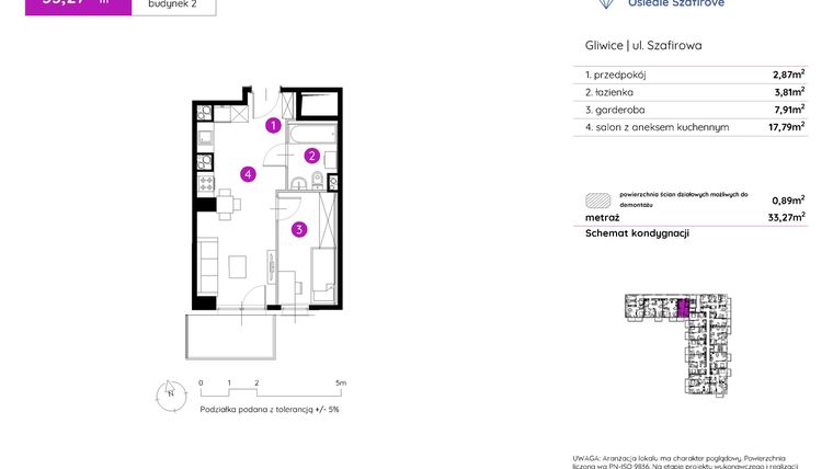 Rzut - Mieszkanie na sprzedaż 1 pokój o powierzchni 33,12 m² - numer 2.A.3.11 w Murapol Osiedle Szafirove II