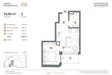Rzut - Mieszkanie na sprzedaż 2 pokoje o powierzchni 32,59 m² - numer 8 w Witkiewicza Apartments