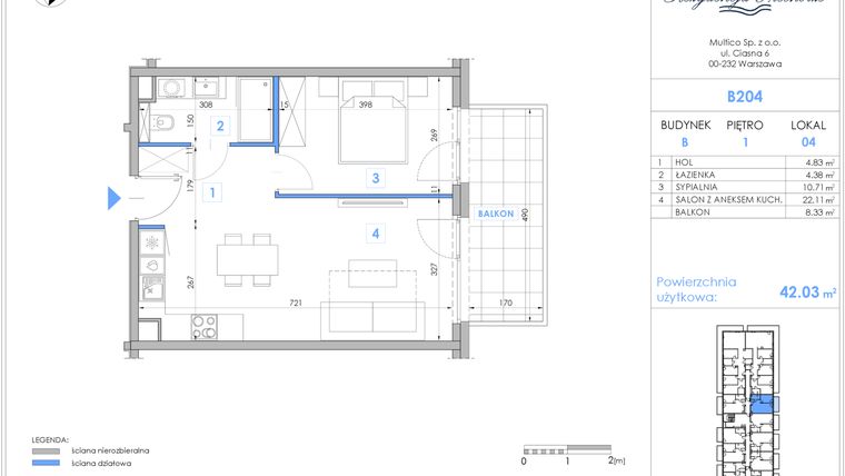 Rzut - Mieszkanie na sprzedaż 2 pokoje o powierzchni 41,9 m² - numer B204 w Rezydencja Niechorze II