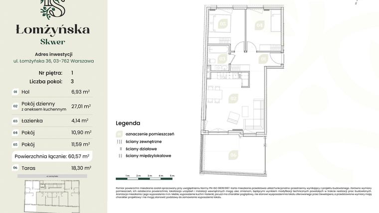 Rzut - Mieszkanie na sprzedaż 3 pokoje o powierzchni 60,57 m² - numer 1 w Łomżyńska Skwer