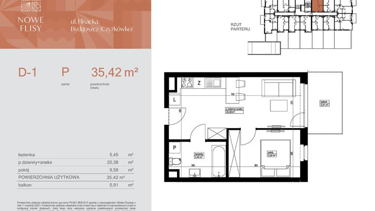 Rzut - Mieszkanie na sprzedaż 2 pokoje o powierzchni 35,42 m² - numer M1_NF.d w Nowe Flisy II