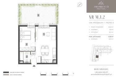 Rzut - Mieszkanie na sprzedaż 2 pokoje o powierzchni 41,09 m² - numer M.1.2 w Zamoyskiego 31