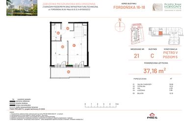 Rzut - Mieszkanie na sprzedaż 2 pokoje o powierzchni 37,16 m² - numer 16.21 w Osiedle Nowe Horyzonty etap II