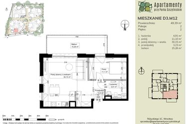 Rzut - Mieszkanie na sprzedaż 2 pokoje o powierzchni 49,6 m² - numer D3.M12 w Apartamenty przy Parku Szczytnickim