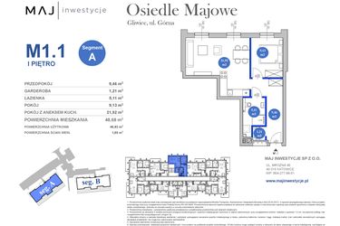 Rzut - Mieszkanie na sprzedaż 3 pokoje o powierzchni 46,83 m² - numer M1.1 w Osiedle Majowe 2.0 etap II