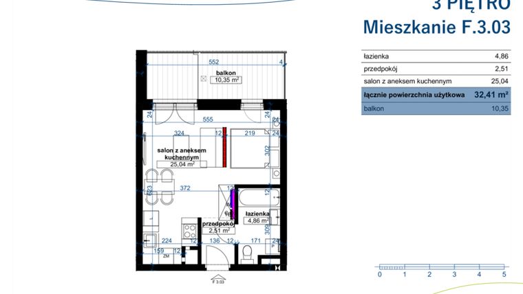 Rzut - Mieszkanie na sprzedaż 1 pokój o powierzchni 32,41 m² - numer F.3.03 w Wzgórze Poetów 2