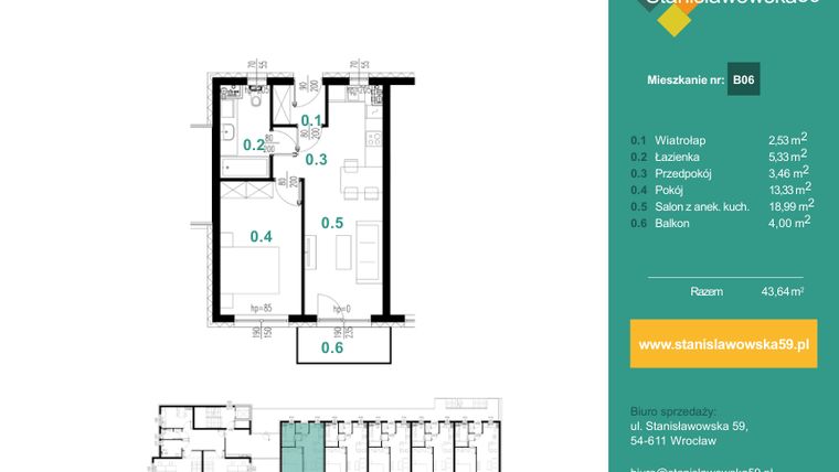 Rzut - Mieszkanie na sprzedaż 2 pokoje o powierzchni 43,64 m² - numer B.06 w Stanisławowska 59