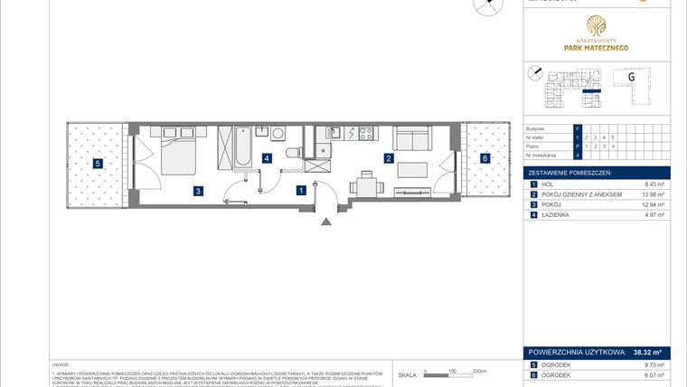 Rzut - Mieszkanie na sprzedaż 2 pokoje o powierzchni 38,32 m² - numer F-4 w Apartamenty Park Matecznego Etap 2