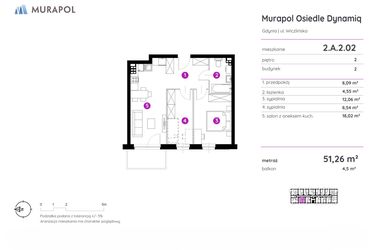 Rzut - Mieszkanie na sprzedaż 2 pokoje o powierzchni 51,26 m² - numer 2.A.2.02 w Murapol Osiedle Dynamiq