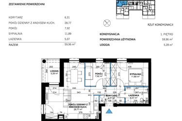 Rzut - Mieszkanie na sprzedaż 3 pokoje o powierzchni 60,09 m² - numer 1 w Comfort Corner