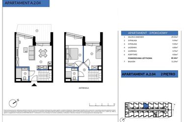 Rzut - Mieszkanie na sprzedaż 3 pokoje o powierzchni 60,44 m² - numer A.2.04 w Wind Yacht