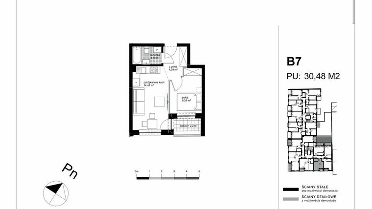 Rzut - Mieszkanie na sprzedaż 2 pokoje o powierzchni 30,48 m² - numer B7 w Apartamenty Kopernika - etap II