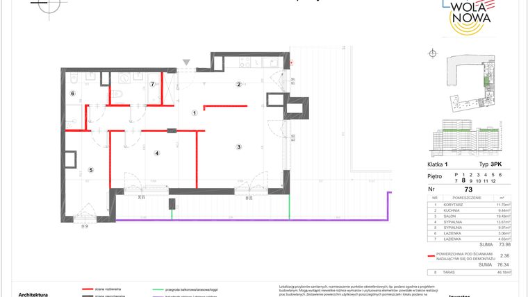 Rzut - Mieszkanie na sprzedaż 3 pokoje o powierzchni 76,34 m² - numer C73 w Wola Nowa