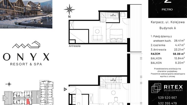 Rzut - Mieszkanie na sprzedaż 1 pokój o powierzchni 56,09 m² - numer 02.A1 w Onyx Resort & Spa