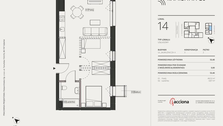 Rzut - Mieszkanie na sprzedaż 1 pokój o powierzchni 53,4 m² - numer 4.14 w Kamienna 28 - apartamenty inwestycyjne