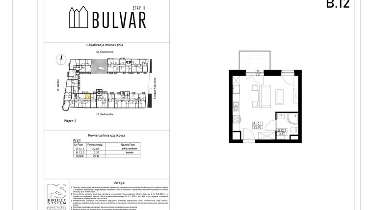 Rzut - Mieszkanie na sprzedaż 1 pokój o powierzchni 25,42 m² - numer B12 w Bulvar etap II