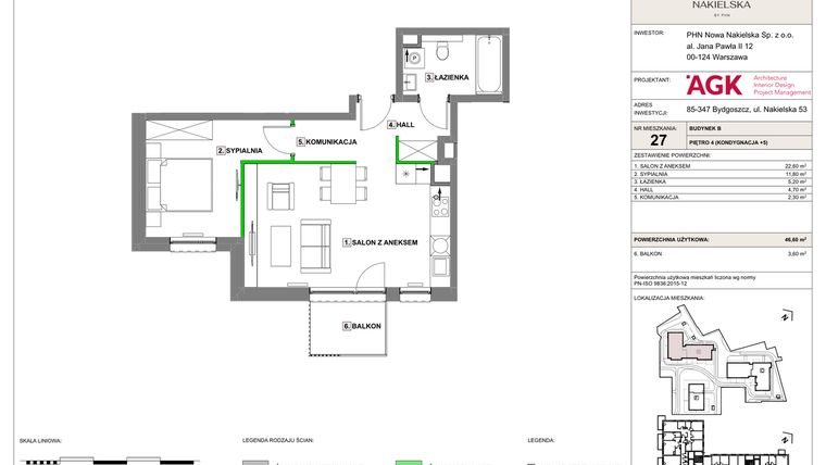 Rzut - Mieszkanie na sprzedaż 2 pokoje o powierzchni 46,6 m² - numer NN-B-LM-27 w Nowa Nakielska by PHN