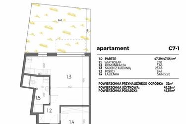 Rzut - Mieszkanie na sprzedaż 2 pokoje o powierzchni 47,29 m² - numer C7-1 w Aleja Miodowa