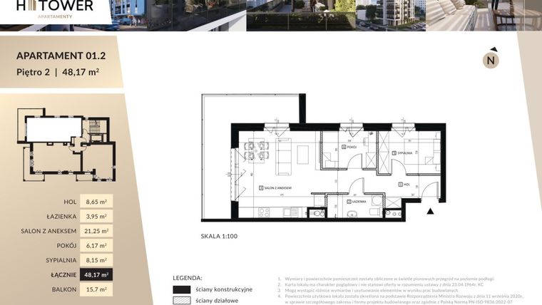 Rzut - Mieszkanie na sprzedaż 3 pokoje o powierzchni 48,17 m² - numer Hi 01.2 w Hi Tower