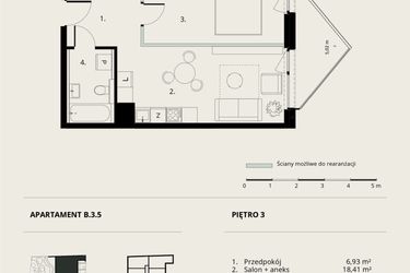 Rzut - Mieszkanie na sprzedaż 2 pokoje o powierzchni 43,09 m² - numer B/3/5 w Ogrodowa 12