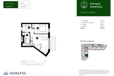 Rzut - Mieszkanie na sprzedaż 2 pokoje o powierzchni 41,18 m² - numer 2.A.0.02 w Murapol GreenCity bud. 2