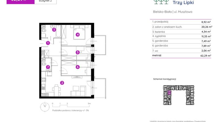 Rzut - Mieszkanie na sprzedaż 2 pokoje o powierzchni 62,29 m² - numer 2.A.3.10 w Murapol Trzy Lipki etap II