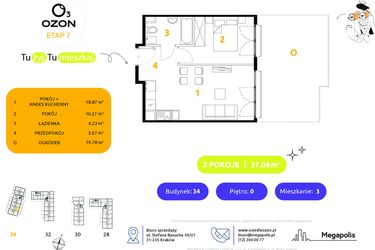 Rzut - Mieszkanie na sprzedaż 2 pokoje o powierzchni 37,04 m² - numer 34.3 w Osiedle Ozon etap VII