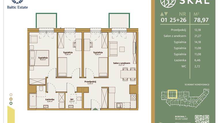 Rzut - Mieszkanie na sprzedaż 1 pokój o powierzchni 78,97 m² - numer M.25+26 w Skal